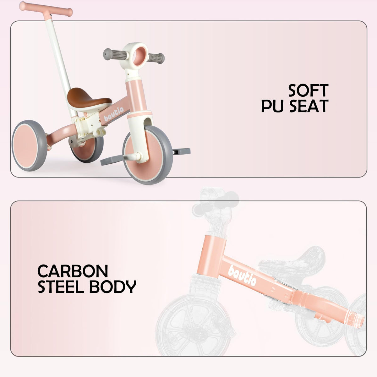 Bautia Trikes 5 in 1 Kids Tricycle Push Handle Balance Bike 27" Pink White NEW