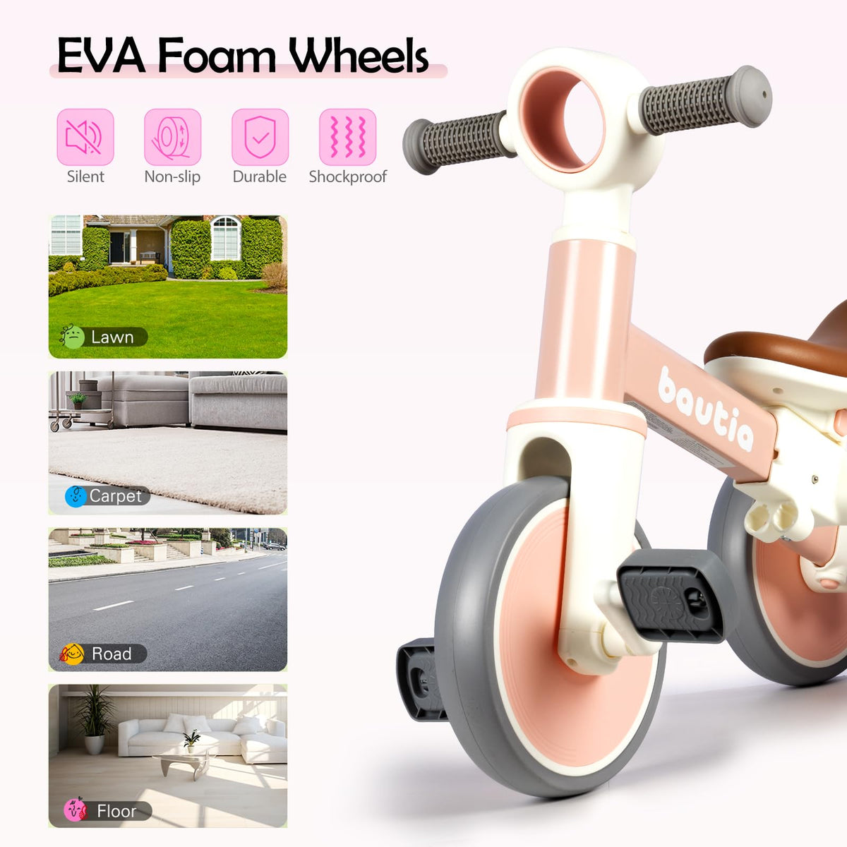 Bautia Trikes 5 in 1 Kids Tricycle Push Handle Balance Bike 27" Pink White NEW
