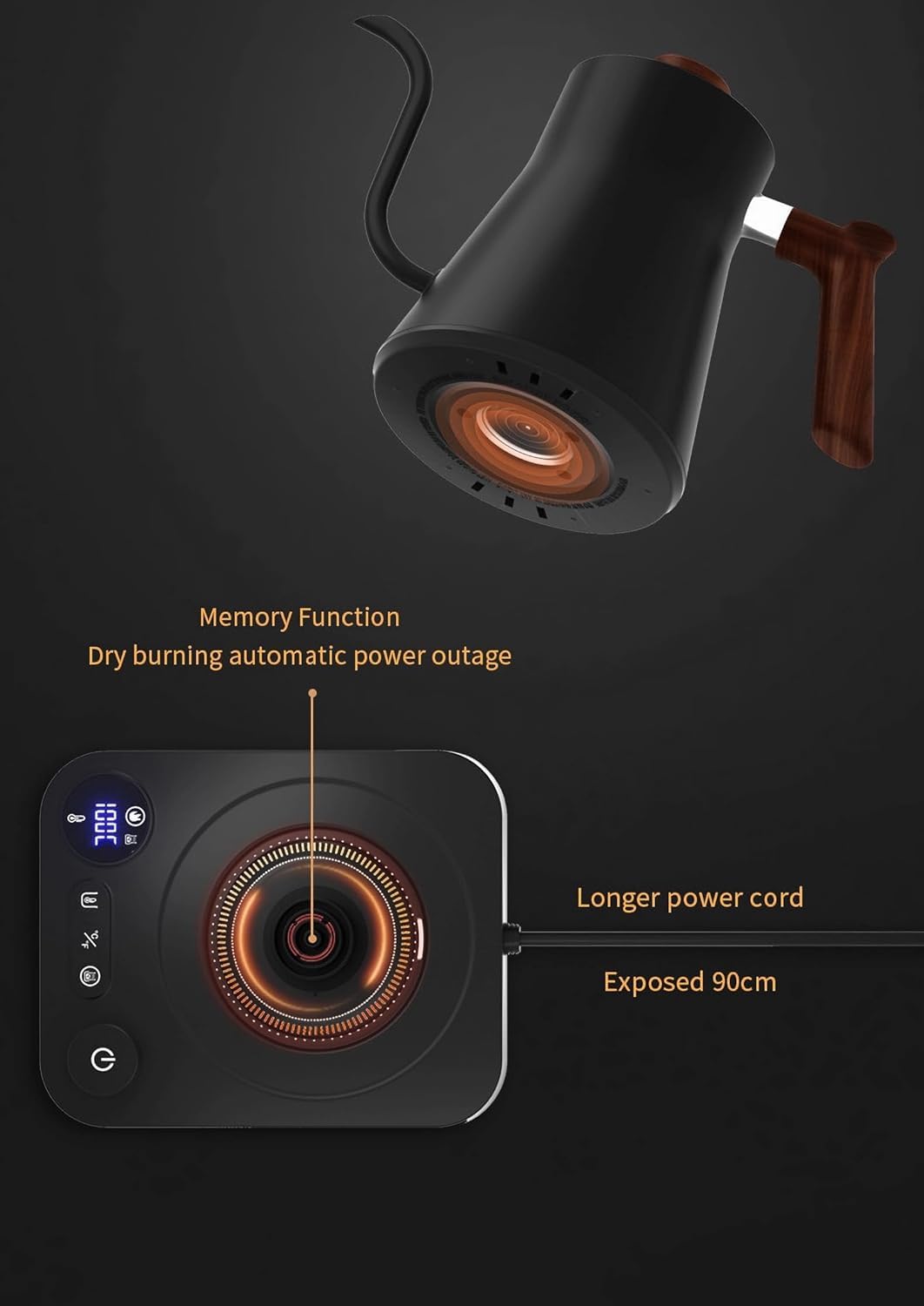 Electric Gooseneck Kettle Black 0.9L LCD Temperature Control Size 0.9L NEW