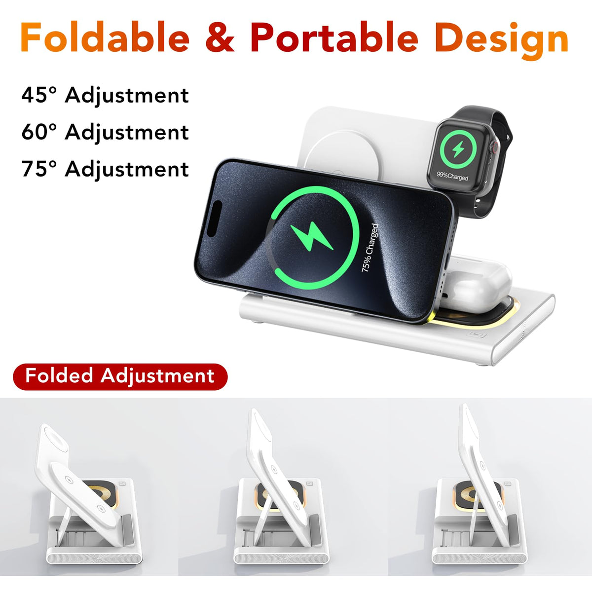3 in 1 Wireless Charger Foldable Fast Charging Pad for Phones White NEW