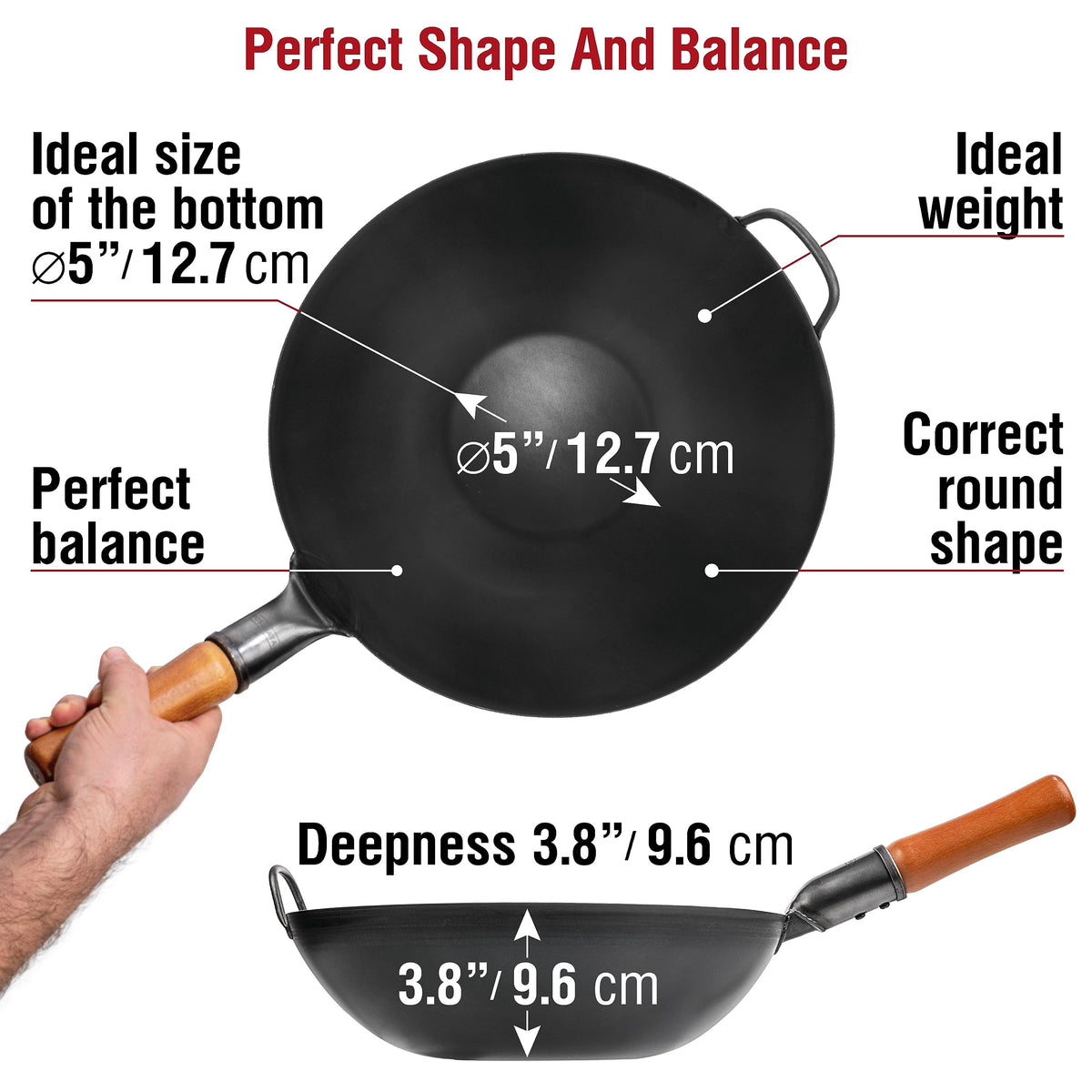 YOSUKATA 34cm Woks Carbon Steel Wok Pan Pre-Seasoned Flat Bottom Black Size NEW