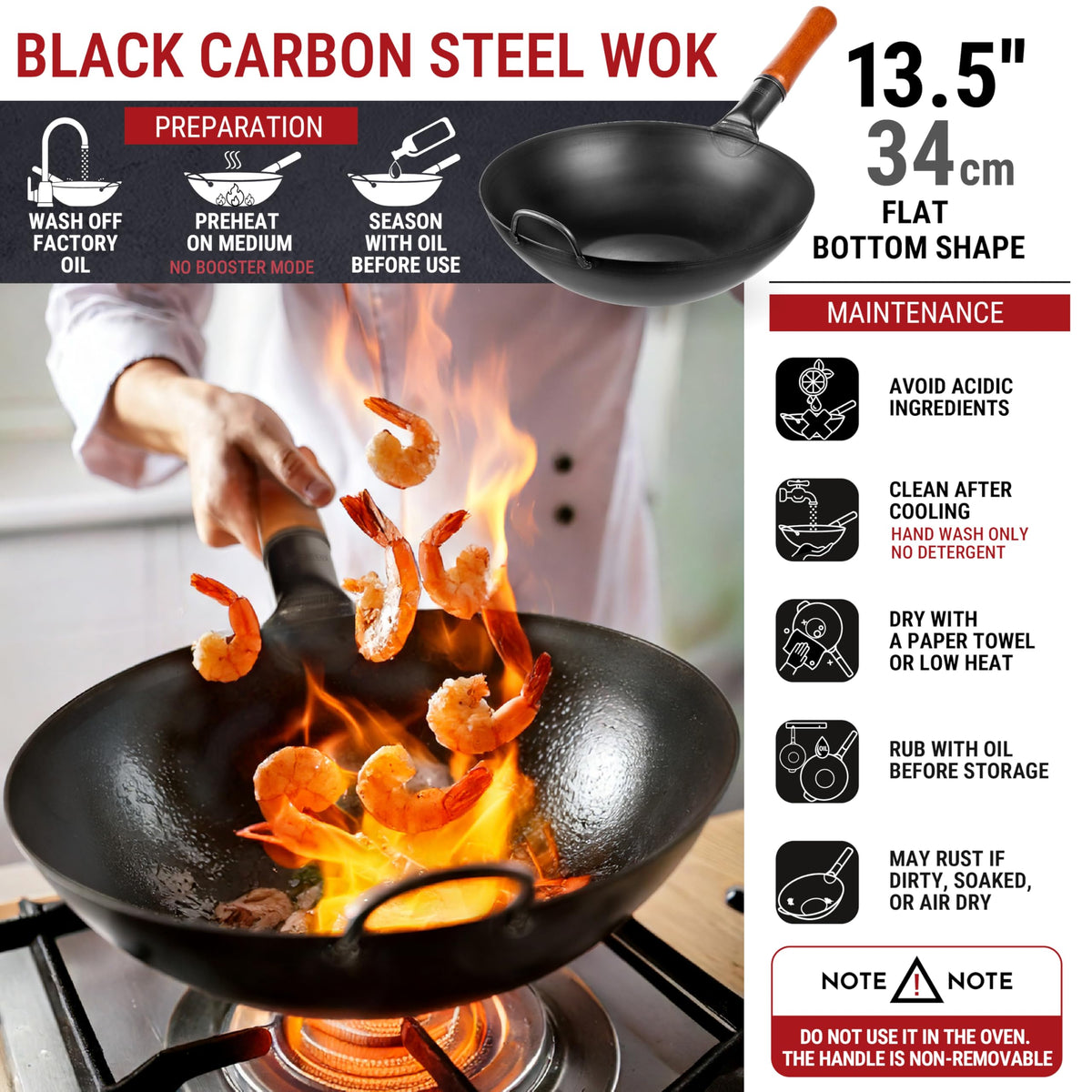YOSUKATA 34cm Woks Carbon Steel Wok Pan Pre-Seasoned Flat Bottom Black Size NEW
