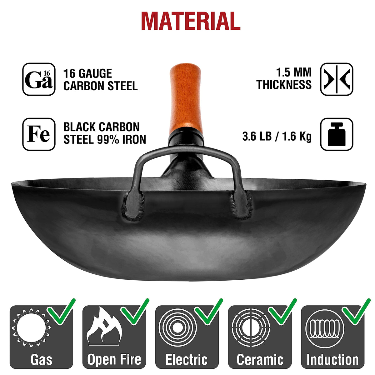YOSUKATA 34cm Woks Carbon Steel Wok Pan Pre-Seasoned Flat Bottom Black Size NEW