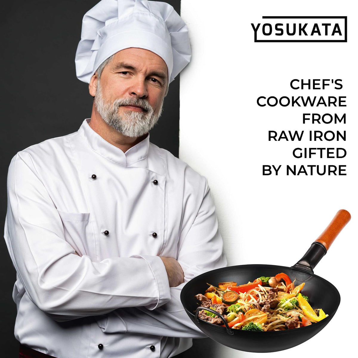 YOSUKATA 34cm Woks Carbon Steel Wok Pan Pre-Seasoned Flat Bottom Black Size NEW