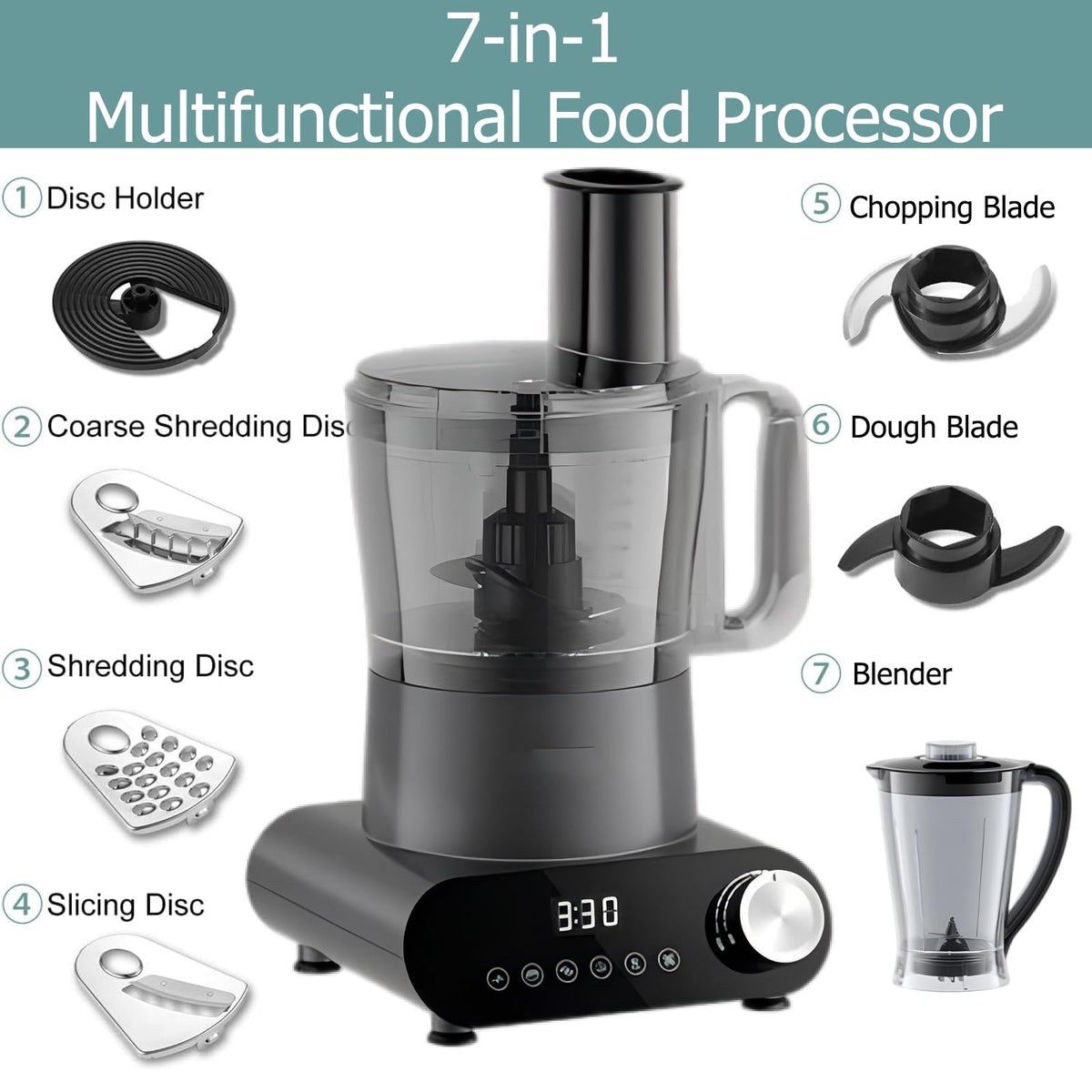 SOKANY 7-in-1 Food Processor Blender Chopper 2L Black Grey NEW