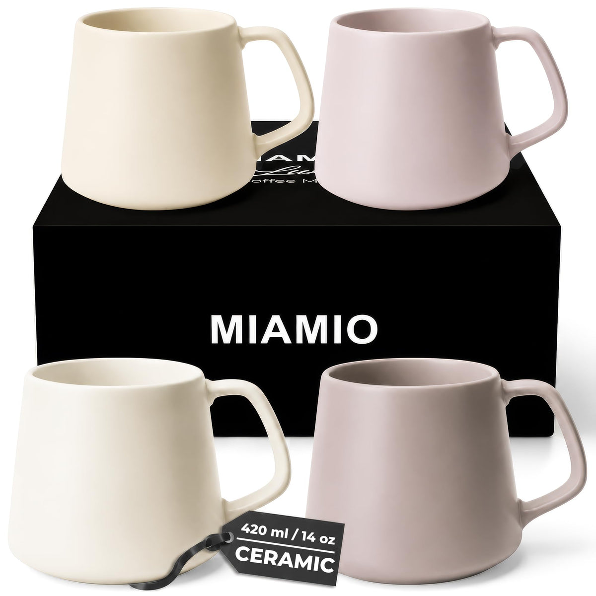 MIAMIO Large Ceramic Coffee Mugs Set of 4 Cream Rose 420ml 14oz NEW