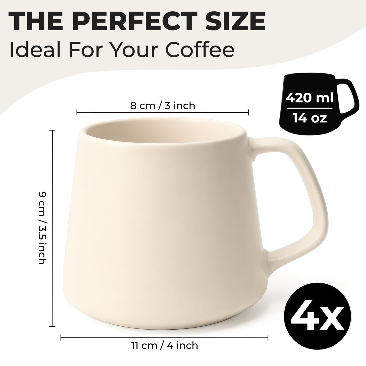 MIAMIO Large Ceramic Coffee Mugs Set of 4 Cream Rose 420ml 14oz NEW