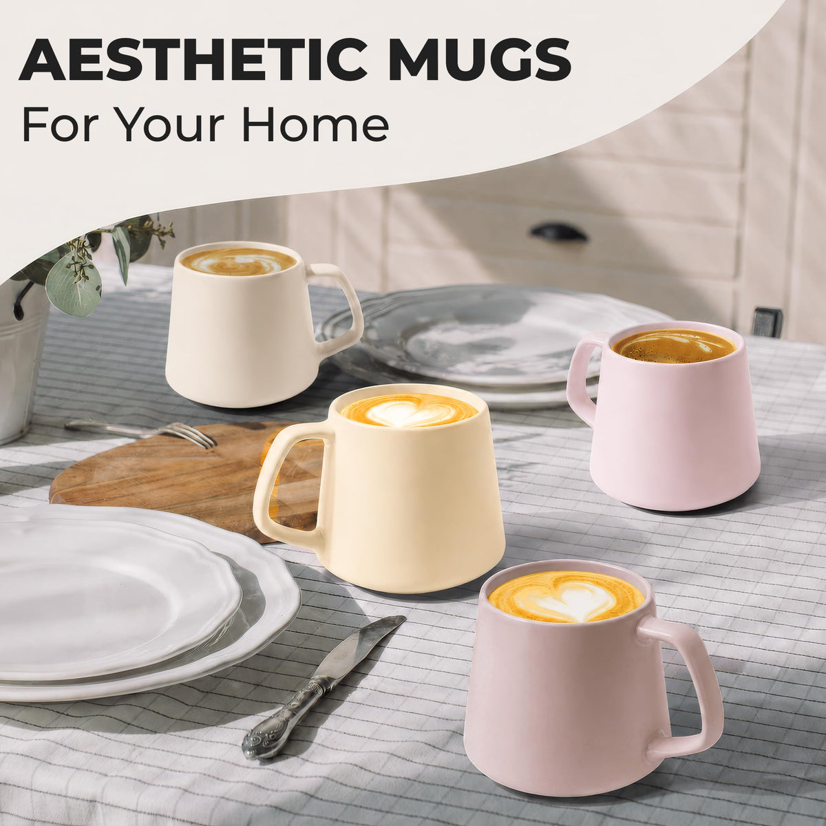 MIAMIO Large Ceramic Coffee Mugs Set of 4 Cream Rose 420ml 14oz NEW