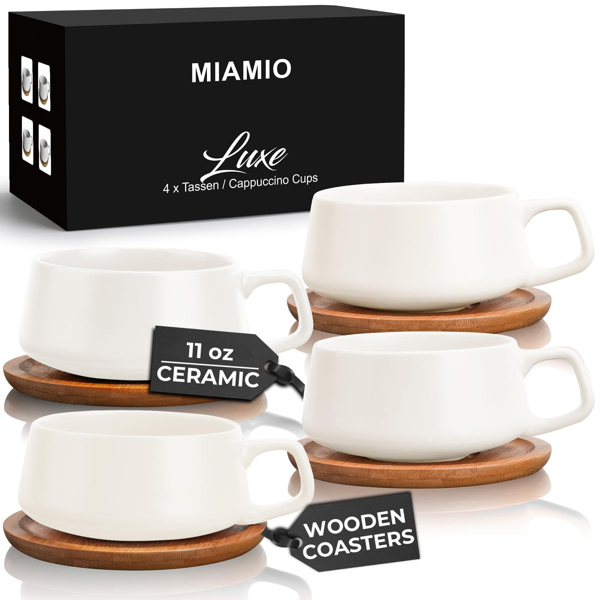 MIAMIO Ceramic Coffee Cups Set of 4 - Cream White 11oz Mugs NEW