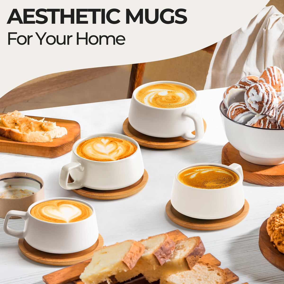 MIAMIO Ceramic Coffee Cups Set of 4 - Cream White 11oz Mugs NEW
