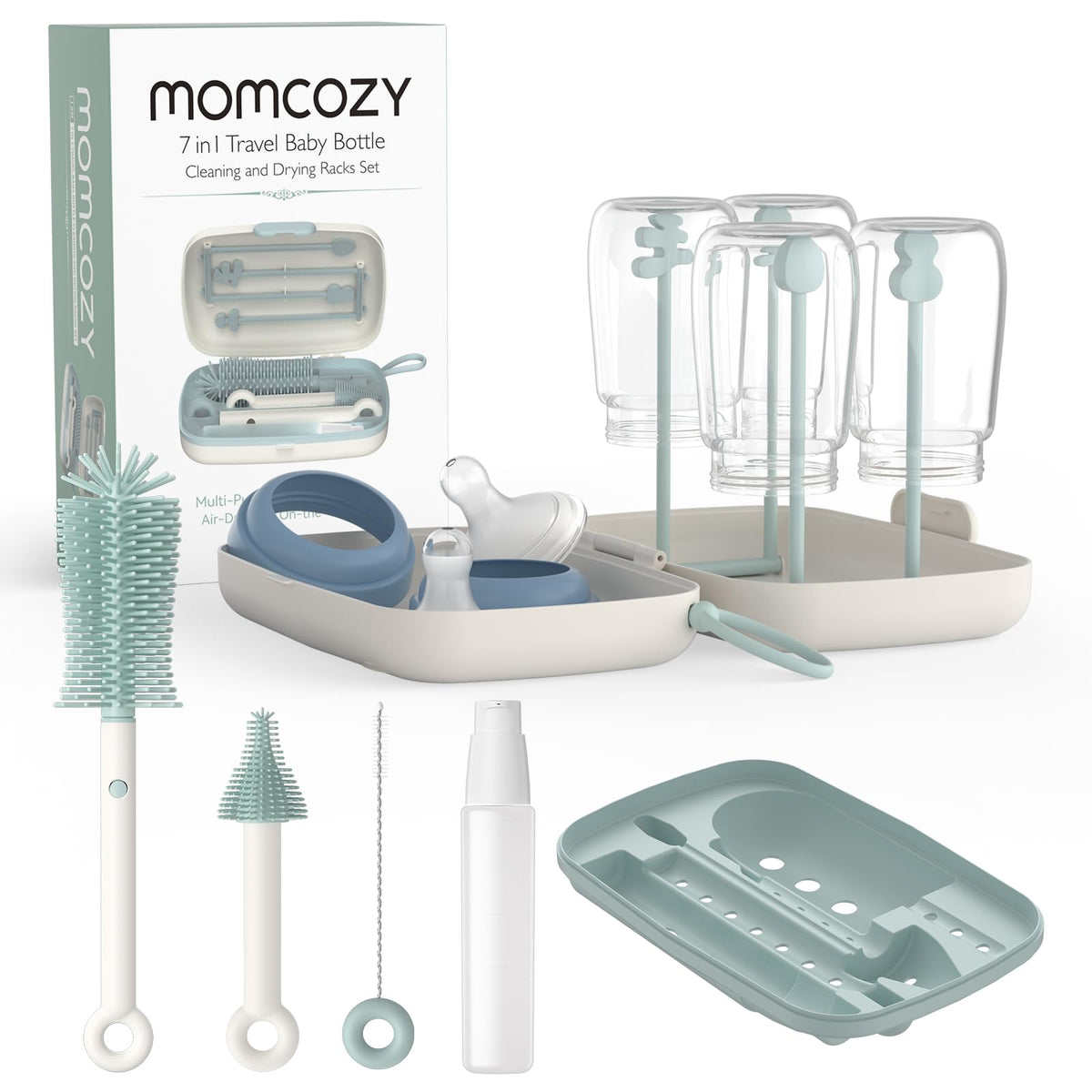 Momcozy 7-in-1 Baby Bottle Brush Set with Drying Rack Green White NEW
