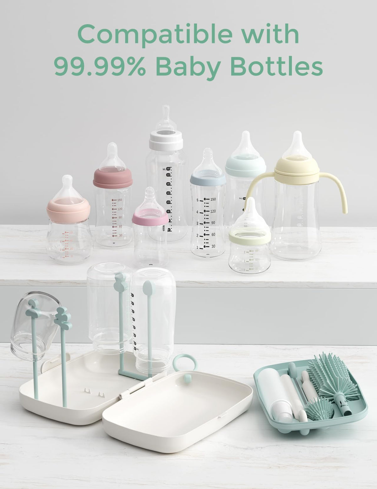 Momcozy 7-in-1 Baby Bottle Brush Set with Drying Rack Green White NEW