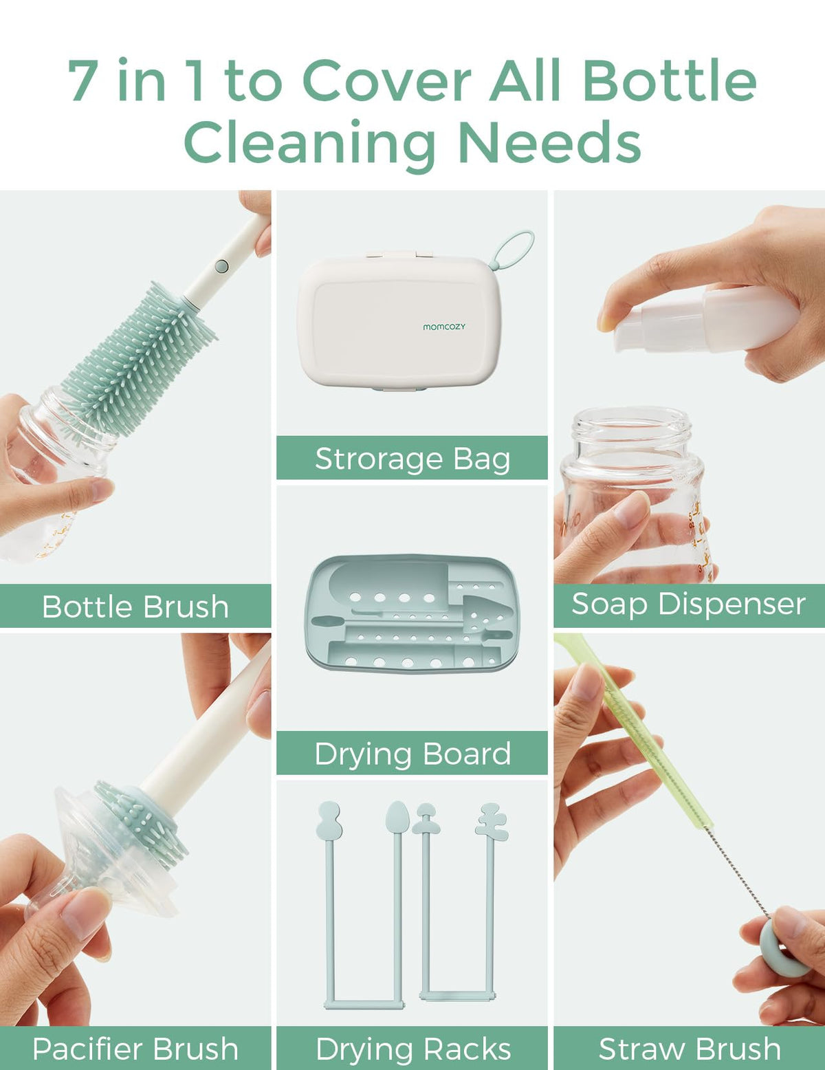 Momcozy 7-in-1 Baby Bottle Brush Set with Drying Rack Green White NEW