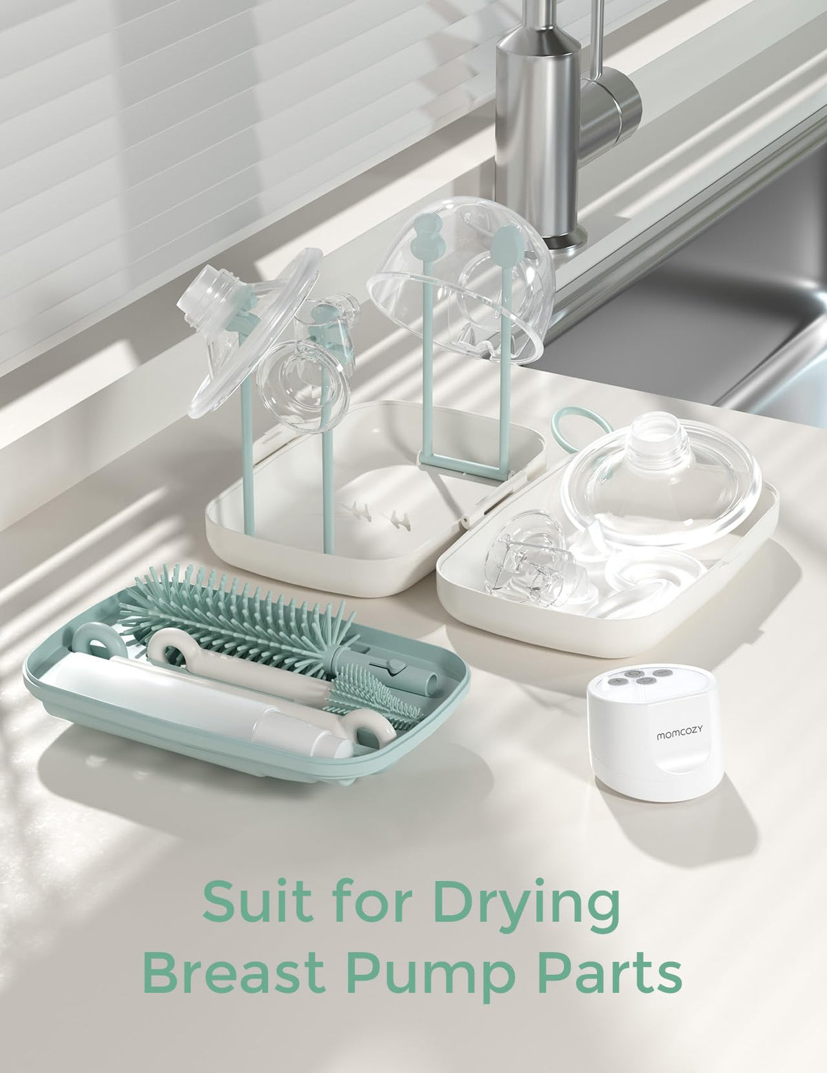 Momcozy 7-in-1 Baby Bottle Brush Set with Drying Rack Green White NEW