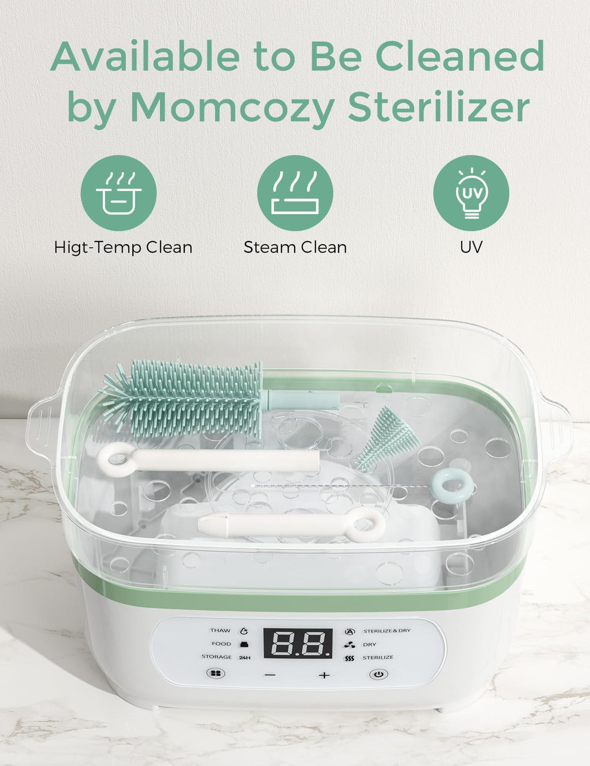 Momcozy 7-in-1 Baby Bottle Brush Set with Drying Rack Green White NEW