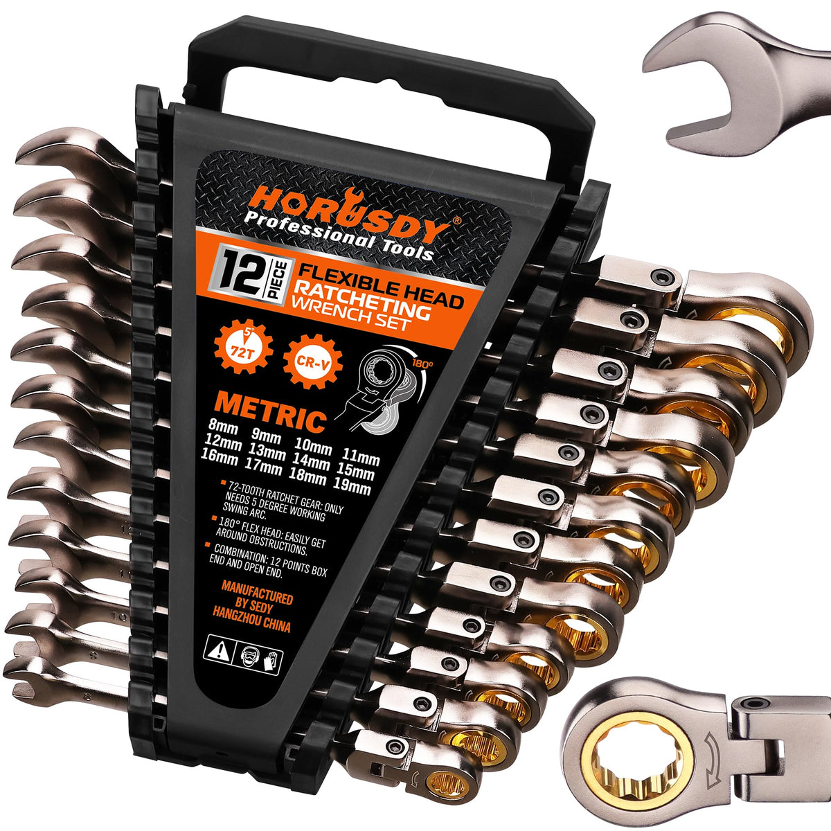 HORUSDY 12-Piece Tool Sets Metric Flex-Head Ratcheting Spanner Set Gold Grey NEW