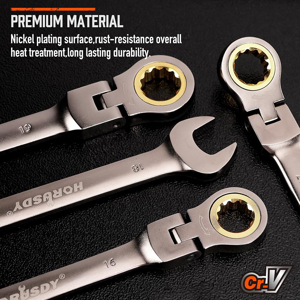 HORUSDY 12-Piece Tool Sets Metric Flex-Head Ratcheting Spanner Set Gold Grey NEW