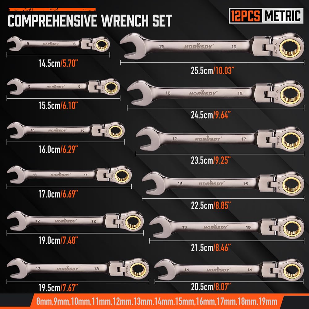 HORUSDY 12-Piece Tool Sets Metric Flex-Head Ratcheting Spanner Set Gold Grey NEW