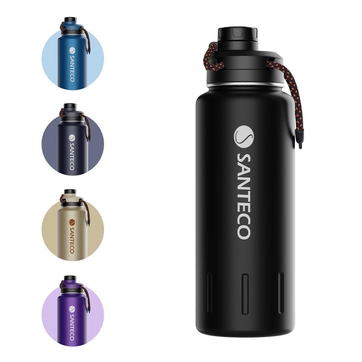 SANTECO 32oz Insulated Water Bottle Stainless Steel Midnight Black NEW