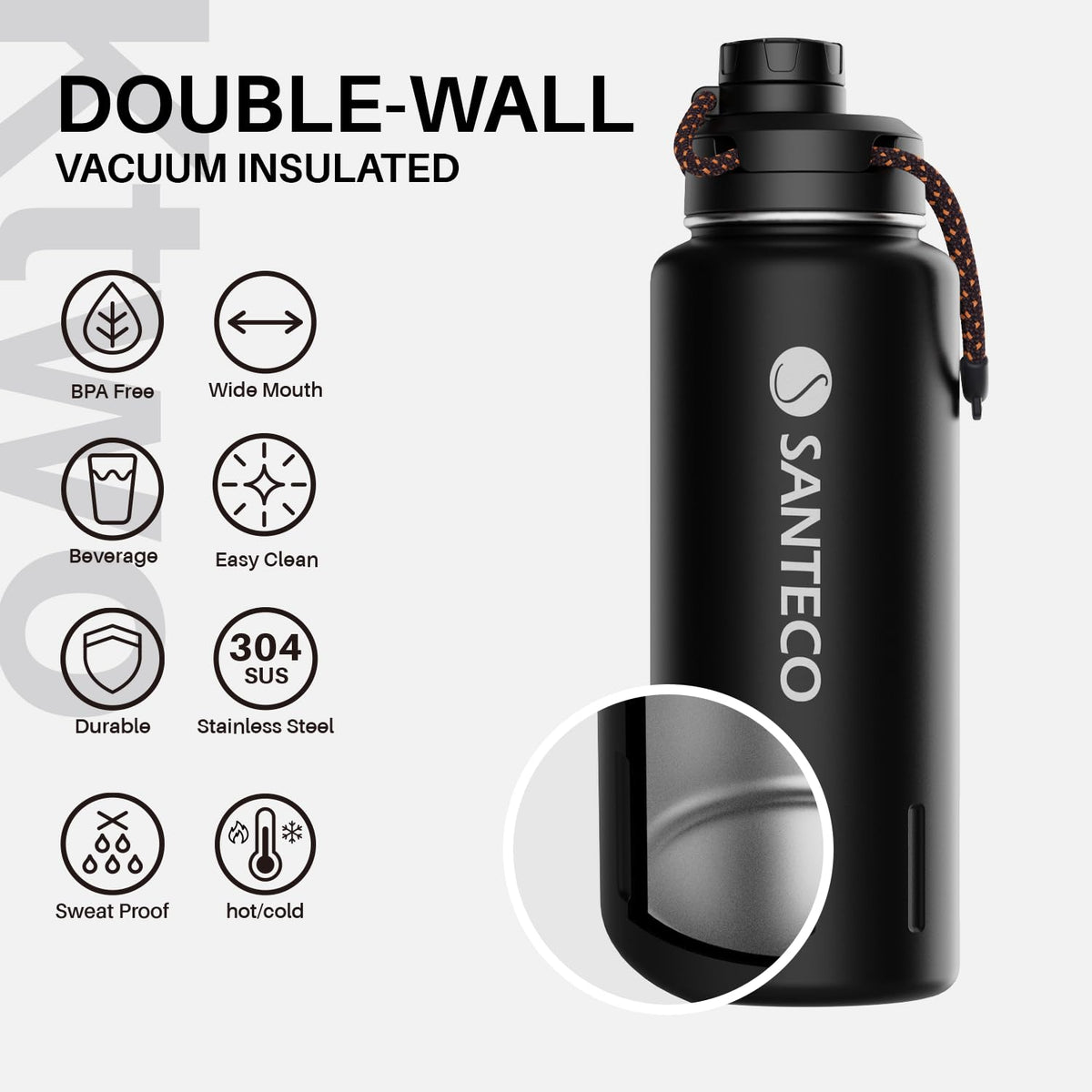 SANTECO 32oz Insulated Water Bottle Stainless Steel Midnight Black NEW