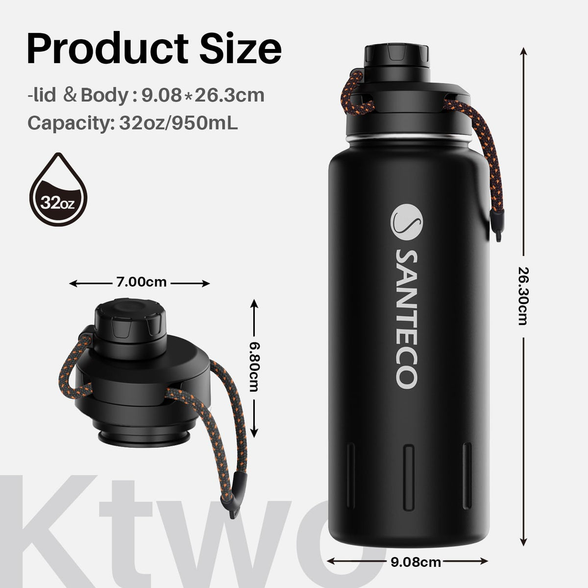 SANTECO 32oz Insulated Water Bottle Stainless Steel Midnight Black NEW