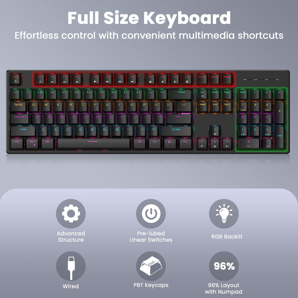 Wired Mechanical Gaming Keyboard Full Size 104 Keys RGB Black Size Full NEW