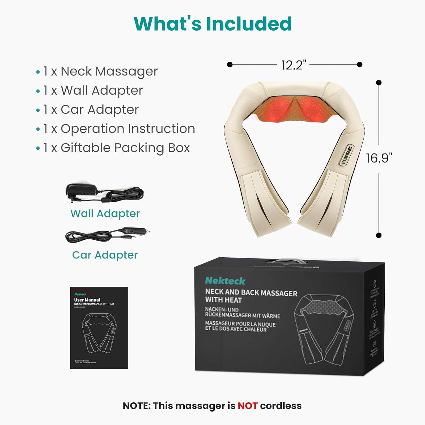 Nekteck Electric Deep Tissue Shiatsu Neck and Back Massager Soothing Beige NEW