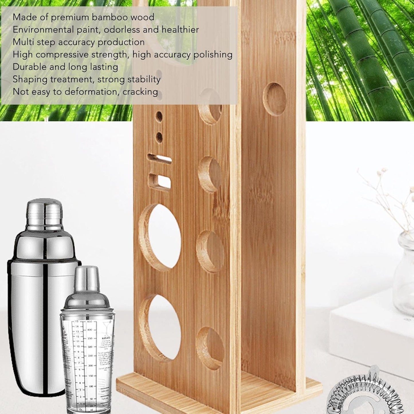gernie Cocktail Shaker Set with Wooden Stand, Bartender Tool Holder, Light NEW