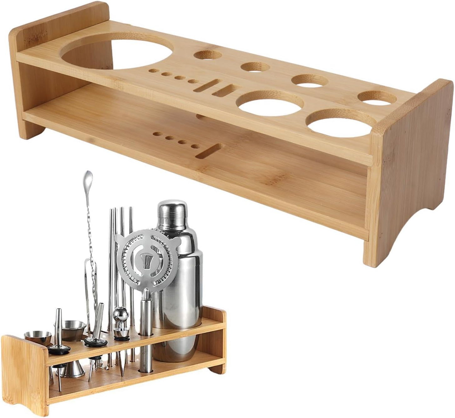 gernie Cocktail Shaker Set with Wooden Stand, Bartender Tool Holder, Light NEW