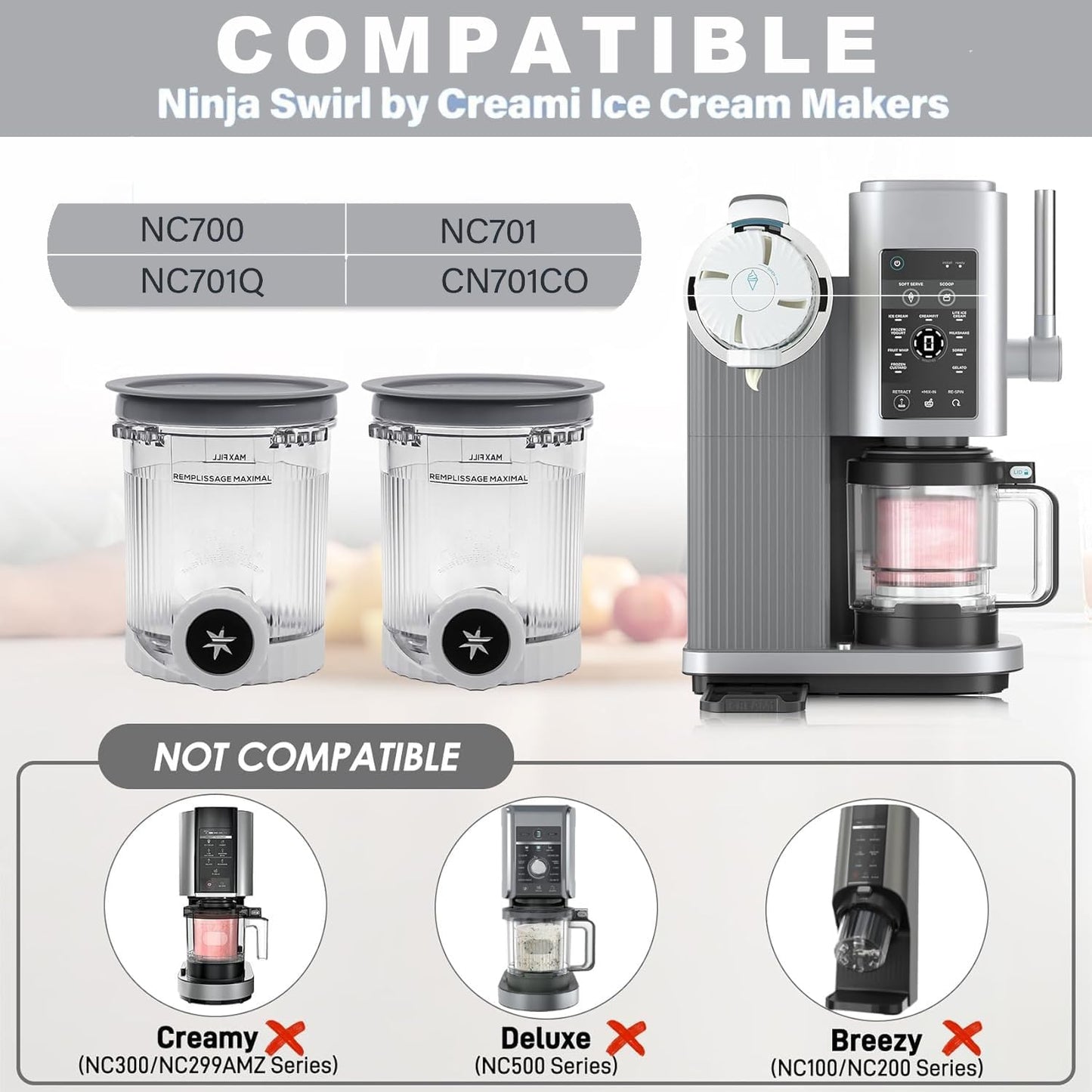 2pk Transparent Ice Cream Pint Containers with Lids 454g Ninja NC700 Series NEW