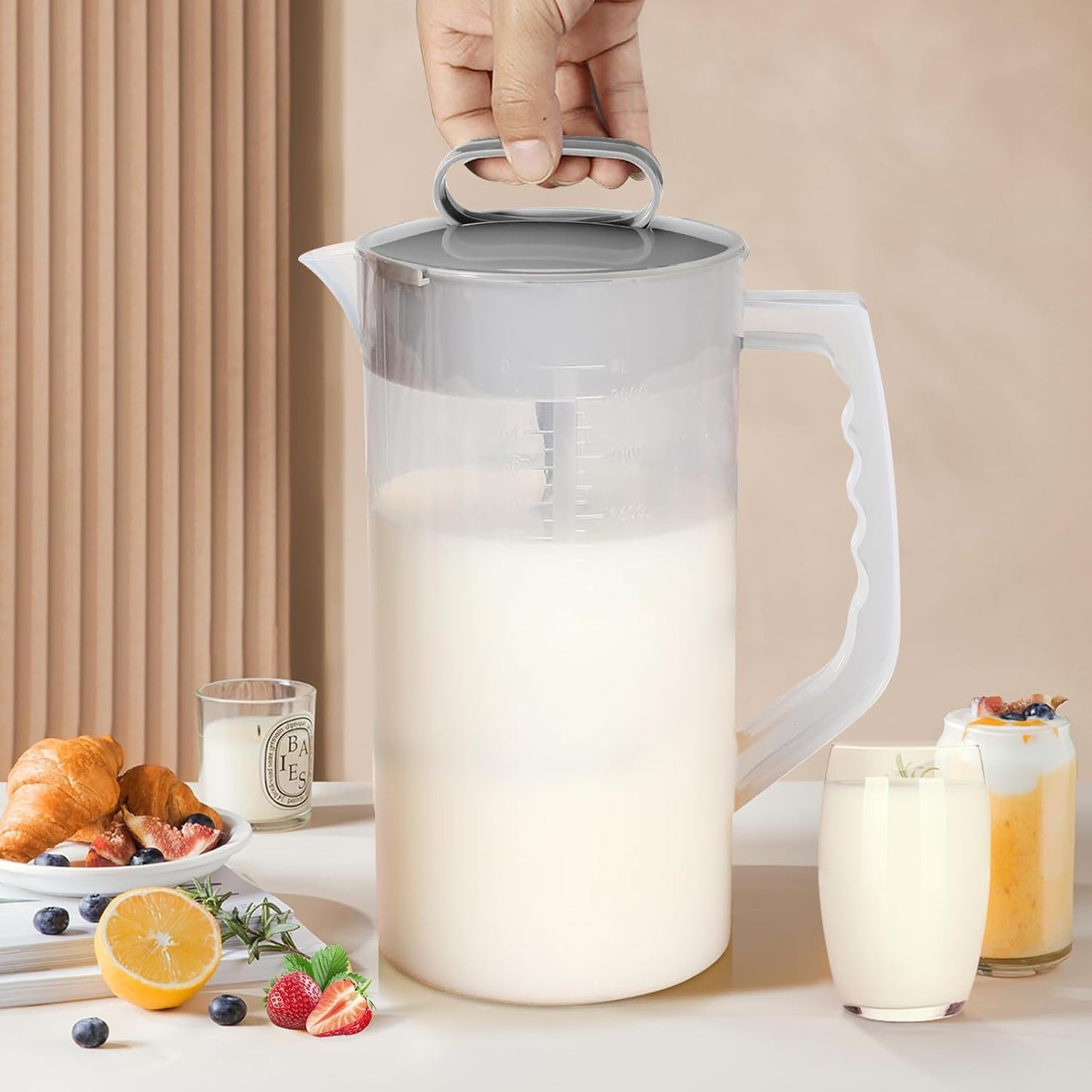 2 Quart Plastic Water Pitcher with Lid Transparent and Grey Angled Jugs NEW