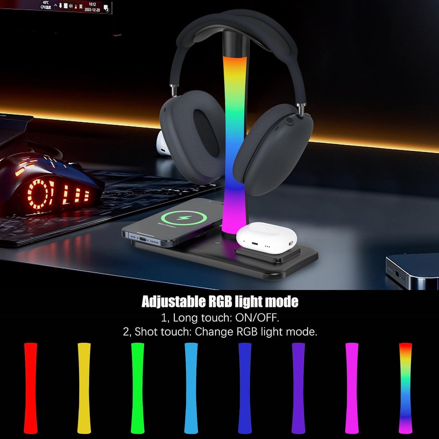 Wireless Charging Headphone Stand with RGB Lighting in Black NEW