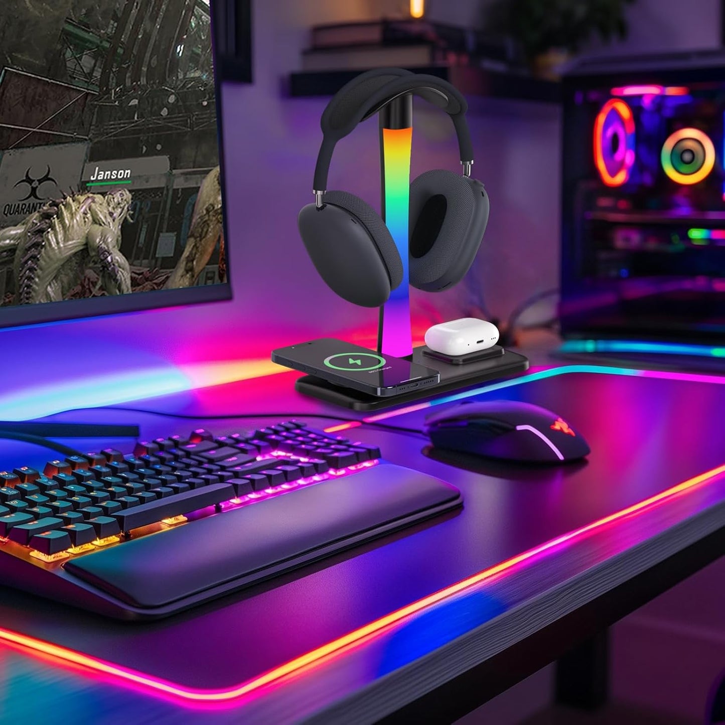 Wireless Charging Headphone Stand with RGB Lighting in Black NEW