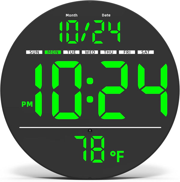 25cm Large LED Digital Wall Clock with Auto-Brightness Black Size NEW