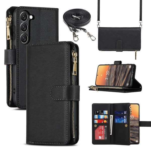 Zipper Wallet Phone Case with Crossbody Strap for Samsung Galaxy S23 Black DEMO