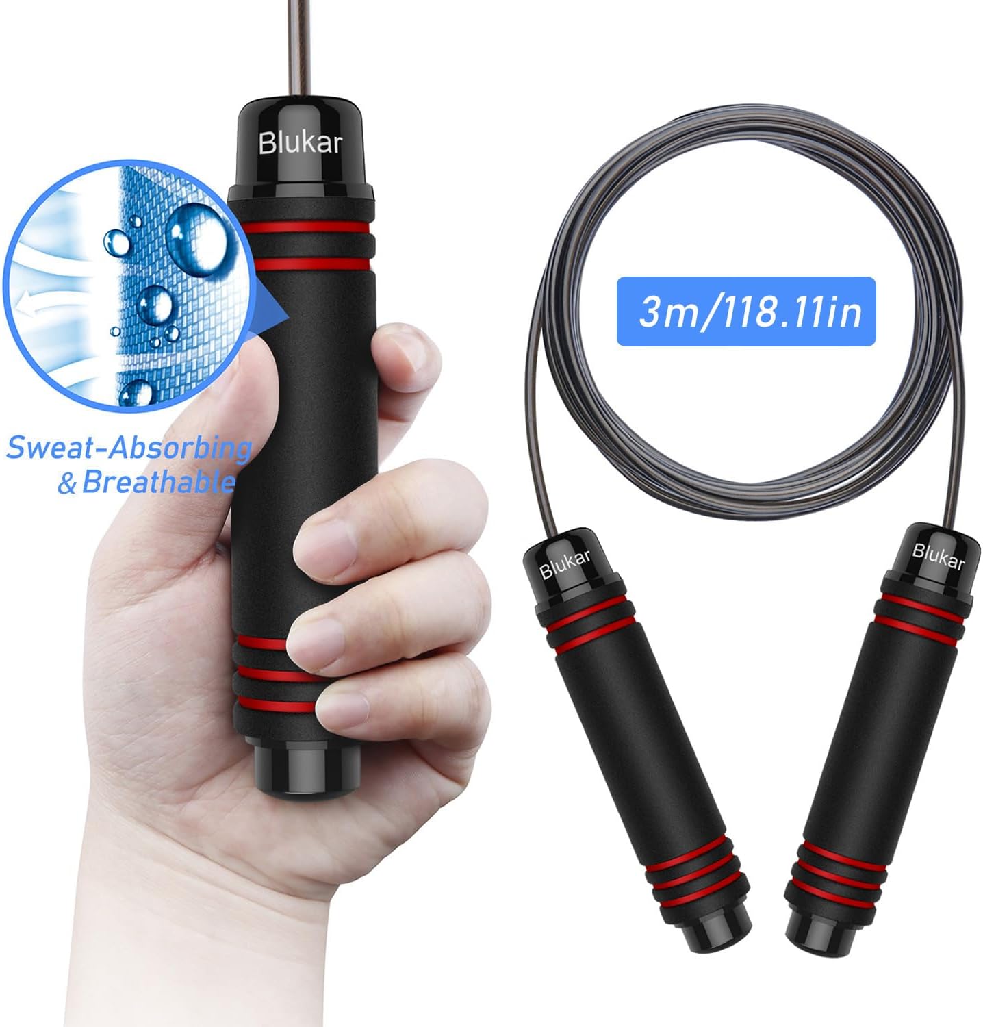 Blukar Adjustable Speed Jump Rope Tangle-free Rapid Ball Bearings Black Red NEW