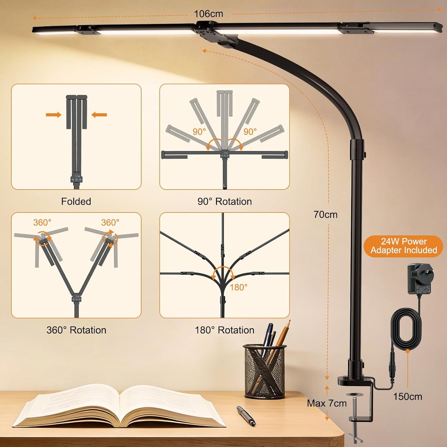 Adjustable 24W LED Desk Lamp, Aluminum Metal, Black, 106cm Max NEW