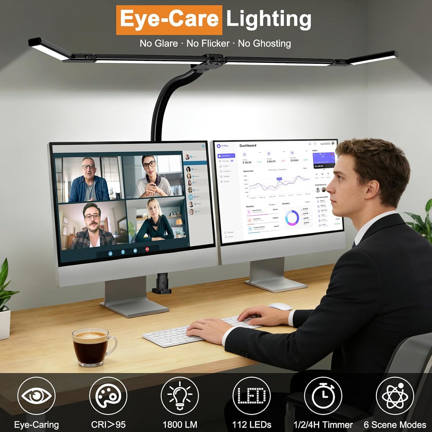 Adjustable 24W LED Desk Lamp, Aluminum Metal, Black, 106cm Max NEW