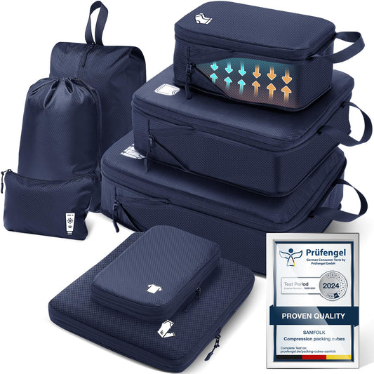 Samfolk 8-Piece Navy Blue Compression Packing Cubes Luggage Organizer Set DEMO