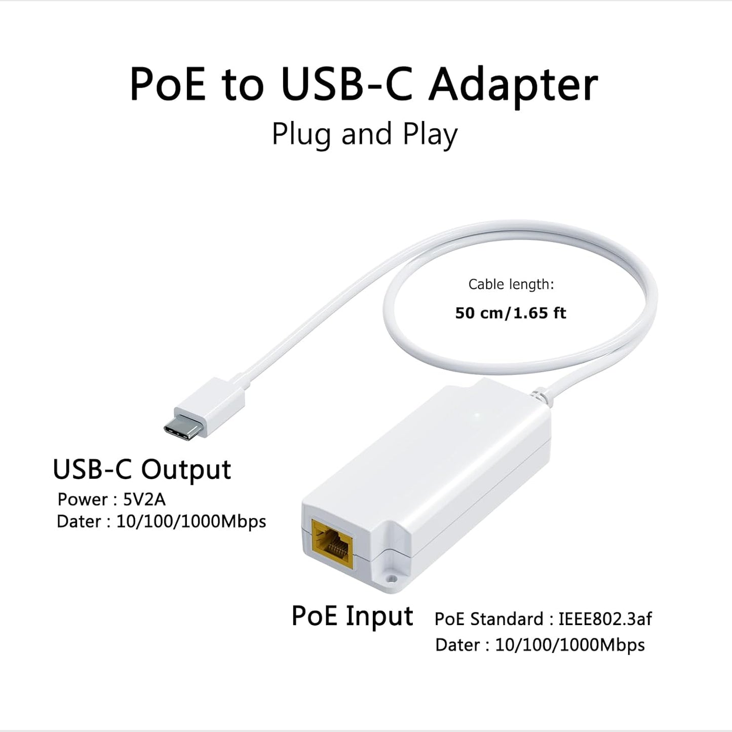 PROCET PoE System USB-C to Gigabit Ethernet Adapter Converter, White NEW