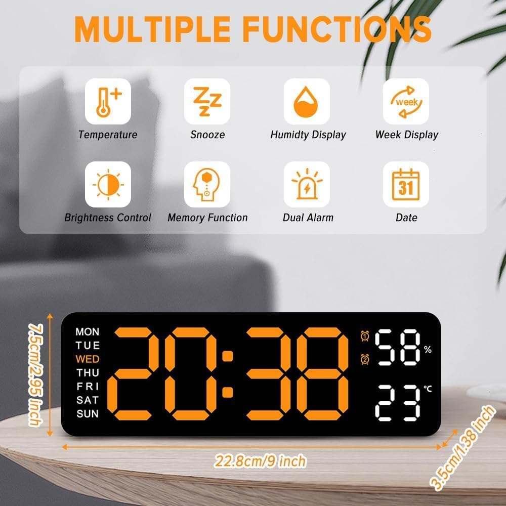 9" LED Alarm Clock Bedside Desk Table Black Nightstand Bedroom Decor NEW