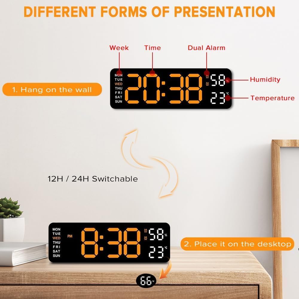 9" LED Alarm Clock Bedside Desk Table Black Nightstand Bedroom Decor NEW
