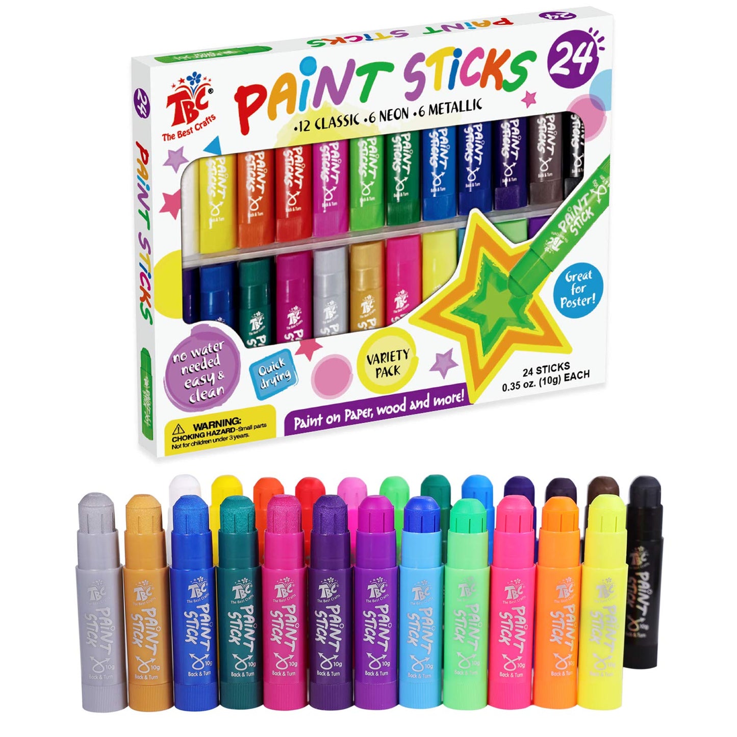 TBC The Paints Best Crafts Tempera Paint Sticks 24 Classic Colors 0.35 Ounce