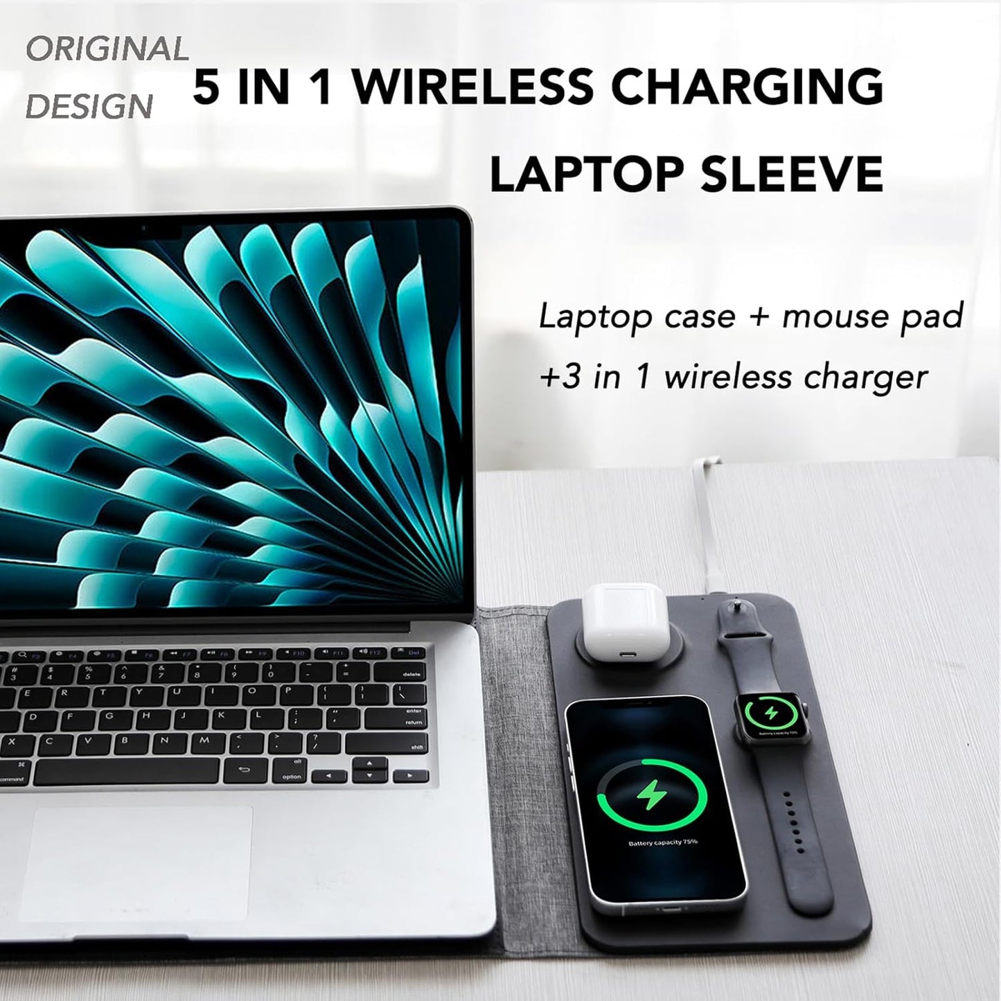5-in-1 Laptop Sleeve with Wireless Charging for 12-14" Tablets/Laptops NEW