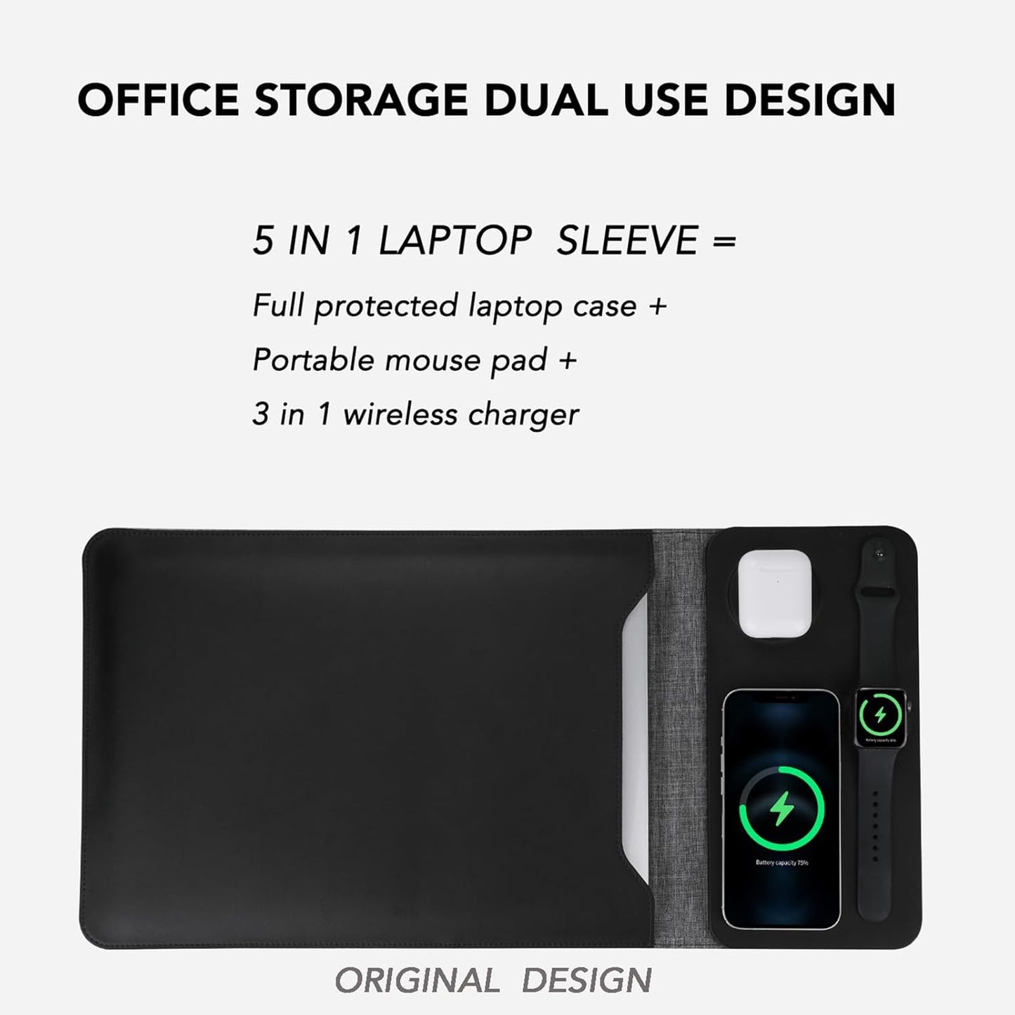 5-in-1 Laptop Sleeve with Wireless Charging for 12-14" Tablets/Laptops NEW