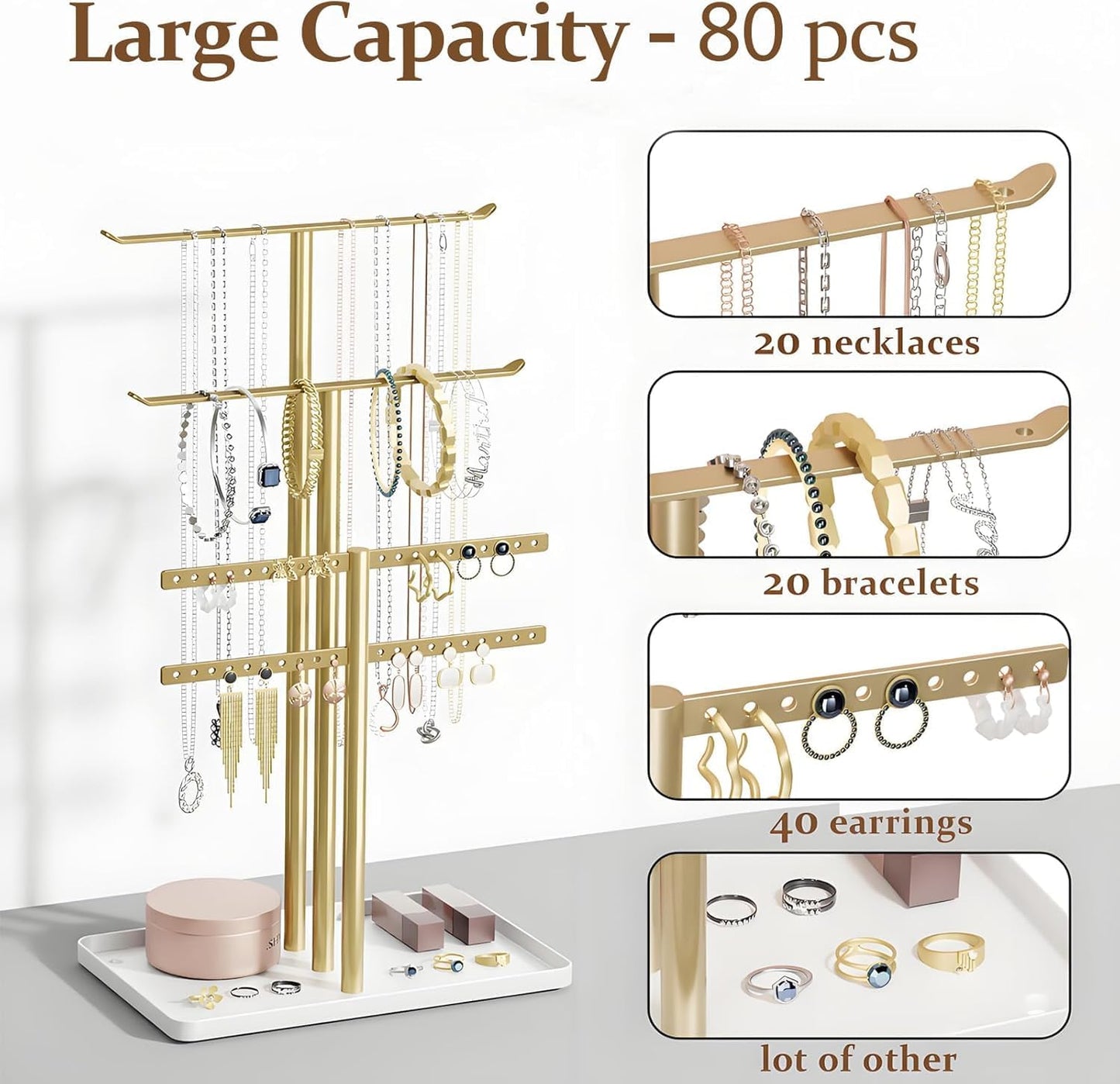 Jewelry Stand Holder Organizer Sturdy Hanger Adjustable 12.5"-17.5" Gold DEMO