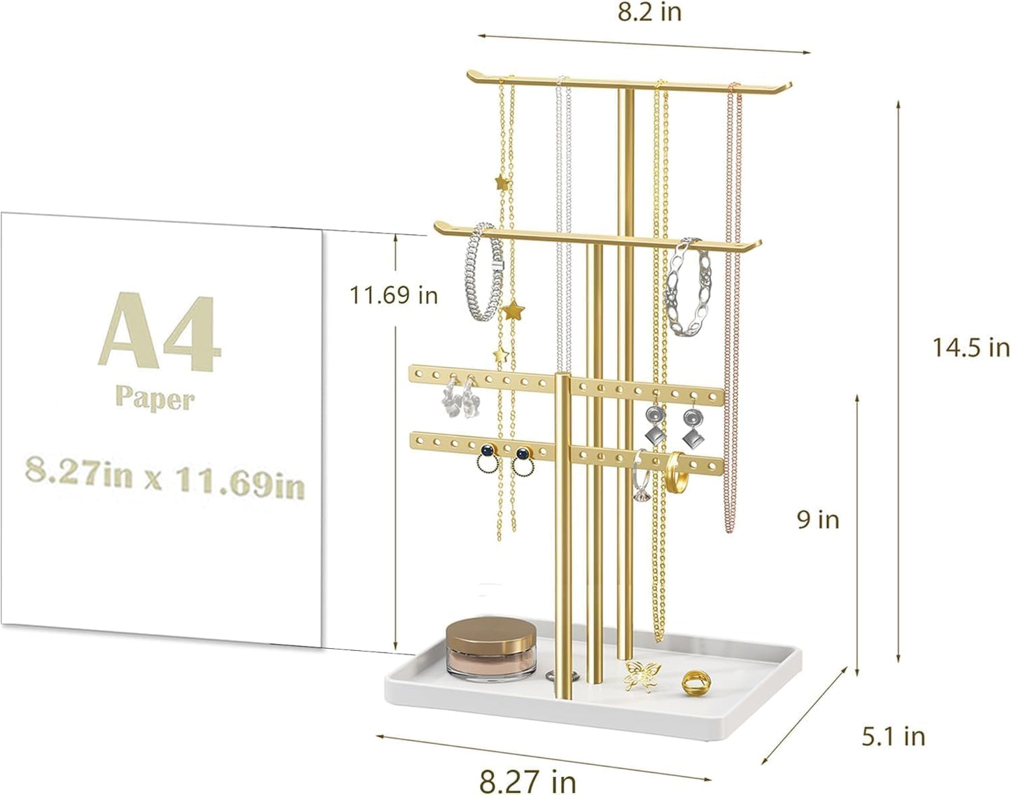 Jewelry Stand Holder Organizer Sturdy Hanger Adjustable 12.5"-17.5" Gold DEMO