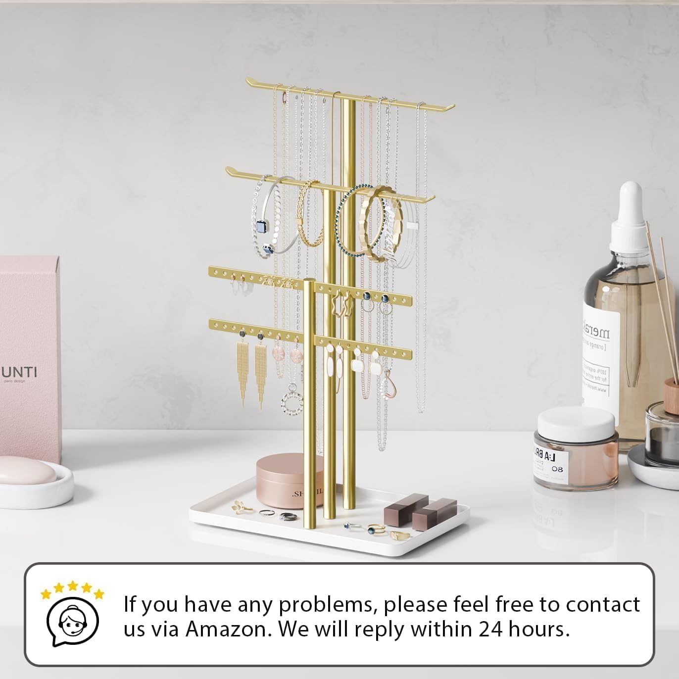 Jewelry Stand Holder Organizer Sturdy Hanger Adjustable 12.5"-17.5" Gold DEMO