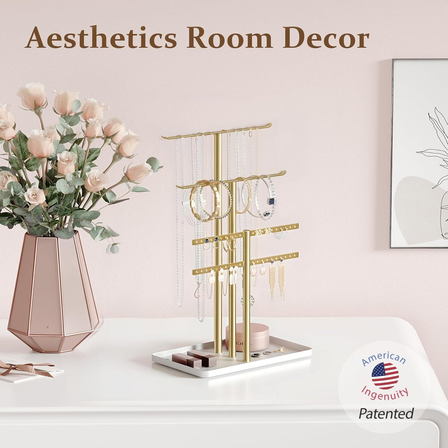Jewelry Stand Holder Organizer Sturdy Hanger Adjustable 12.5"-17.5" Gold DEMO