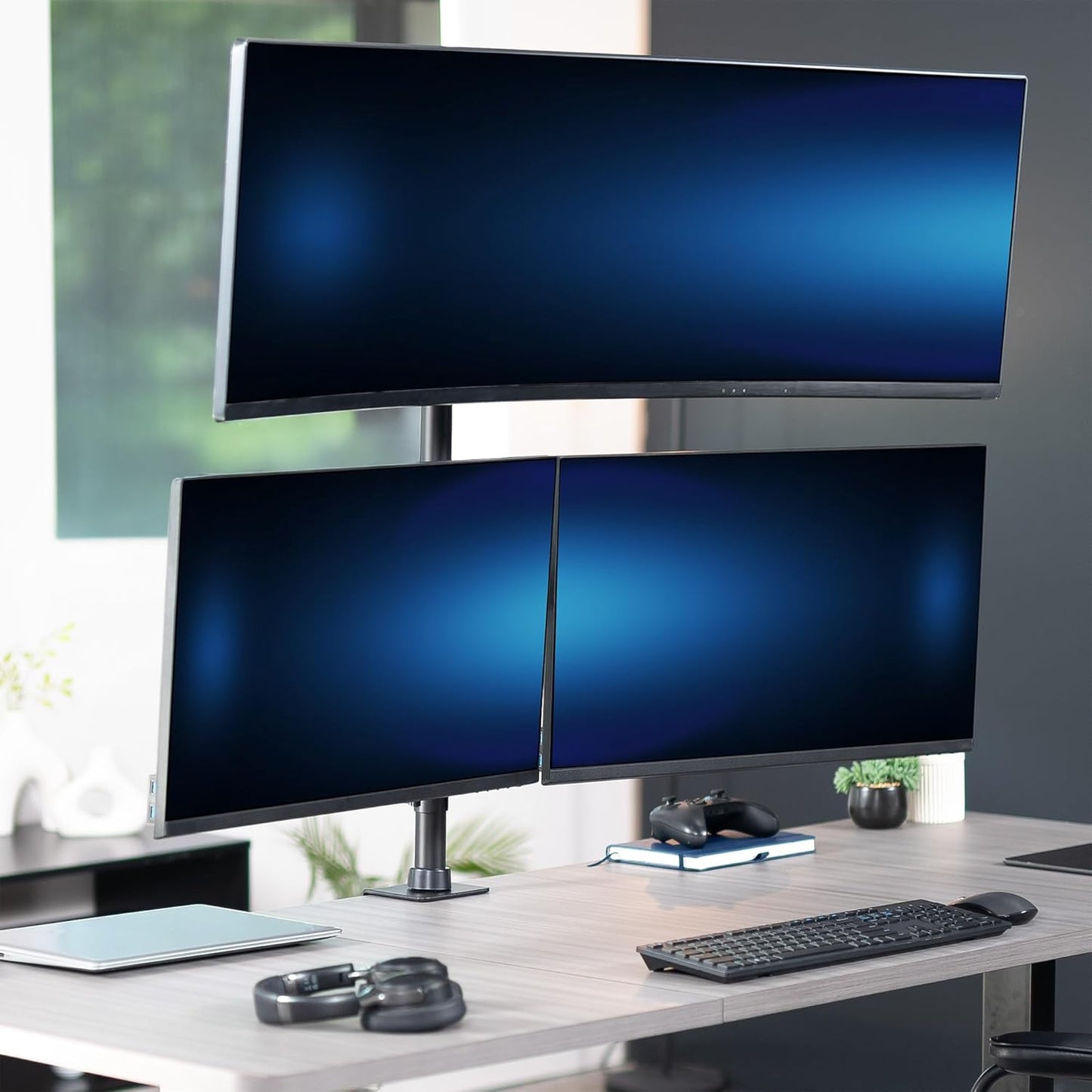 VIVO Adjustable Triple Monitor Desk Mount for Ultrawide Displays Black DEMO